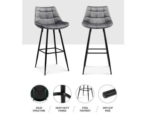 SET OF 2 VELVET BAR STOOLS - GREY