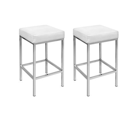 SET OF 2 PU BACKLESS BAR STOOLS - WHITE & CHROME