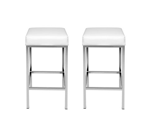 SET OF 2 PU BACKLESS BAR STOOLS - WHITE & CHROME