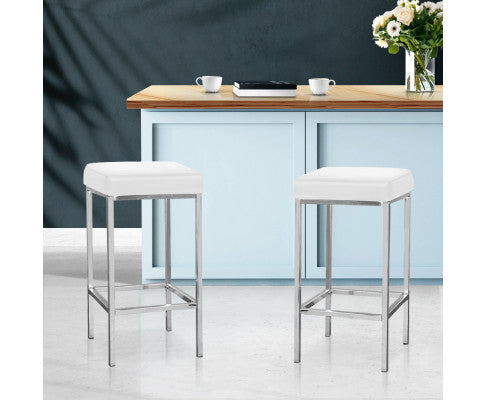 SET OF 2 PU BACKLESS BAR STOOLS - WHITE & CHROME