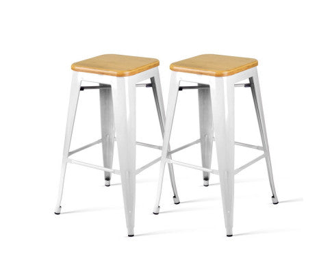 SET OF 2 BAR STOOLS - METAL AND BAMBOO WHITE