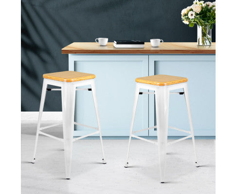 SET OF 2 BAR STOOLS - METAL AND BAMBOO WHITE