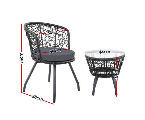 3PCE OUTDOOR PATIO CHAIRS AND TABLE - BLACK