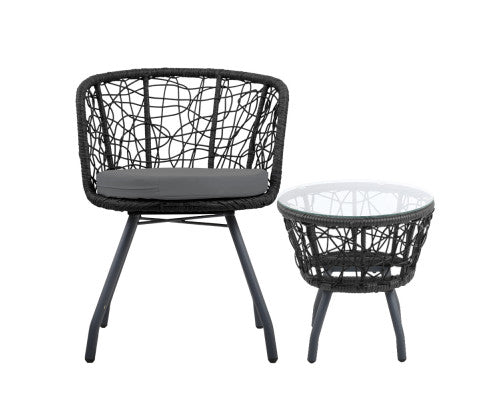 3PCE OUTDOOR PATIO CHAIRS AND TABLE - BLACK