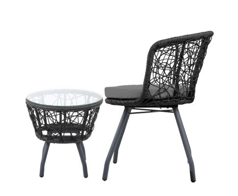 3PCE OUTDOOR PATIO CHAIRS AND TABLE - BLACK