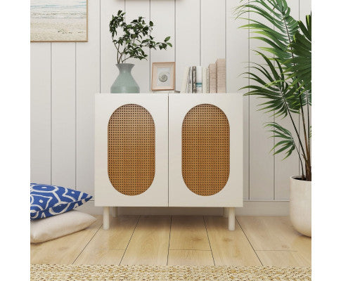 RATTAN ACCENT CABINET IN WHITE - 2 DOOR