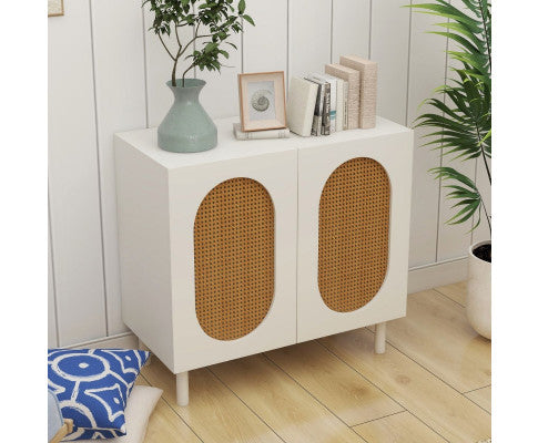 RATTAN ACCENT CABINET IN WHITE - 2 DOOR